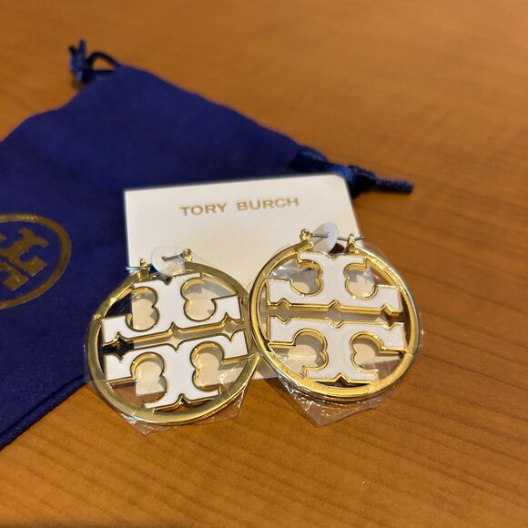 Tory Burch Jewelry - Tory Burch White Miller Logo Hoop Earrings